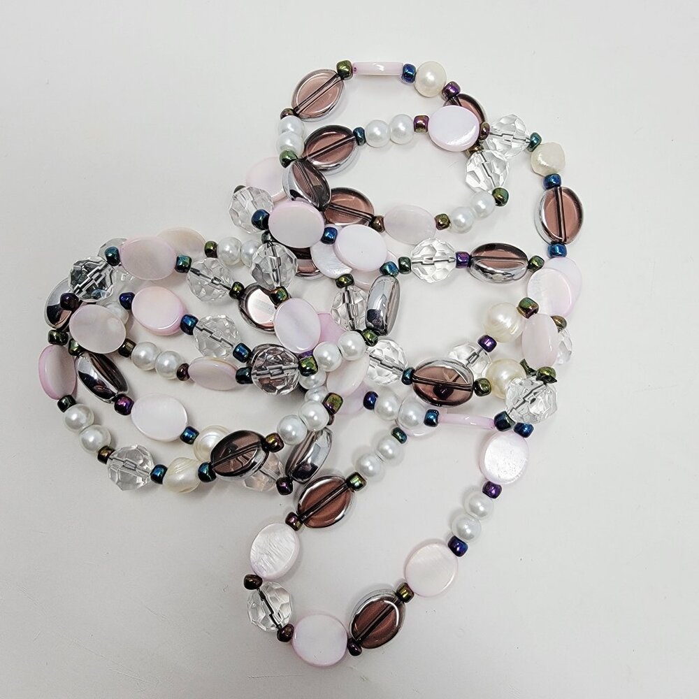 Estate Long Pink Mother of Pearl Beaded Necklace Faux Pearl Crystal Glass